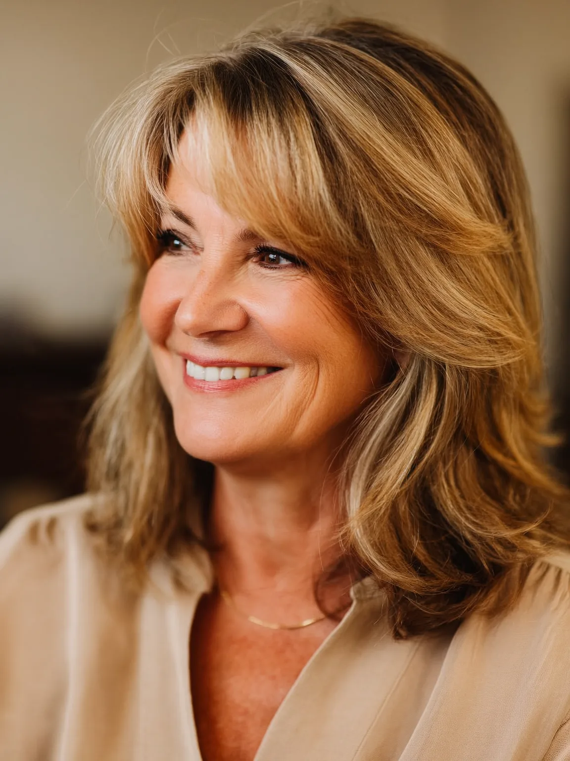 Medium Feathered Layers with Sandy Blonde Hue
